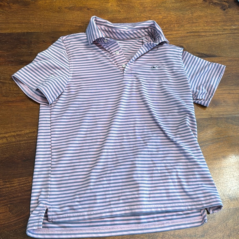 Vineyard Vines large boys Sankaty Performance polo pink and blue stripe size 16